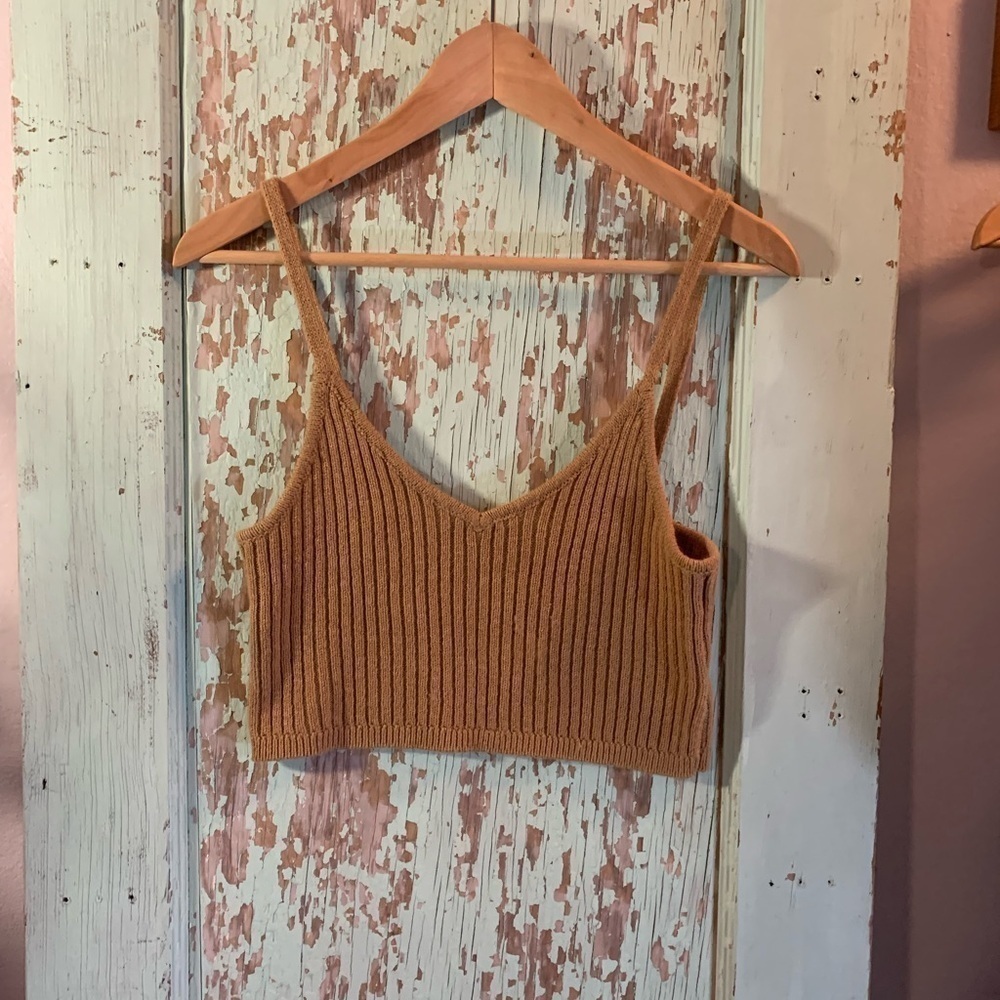 While fable tan spaghetti strap adjustable length crop top sweater. Preloved
